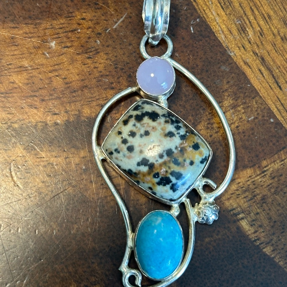 925 Silver Stamped Multi-Stone Pendant with Blue, Pink + Dalmatian Jasper Stones